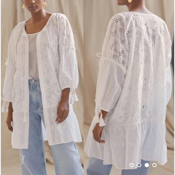 NWT Anthropologie Maeve White Eyelet Balloon Sleeve Kimono. One size Coverup
